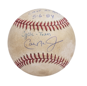 1984 Cal Ripken Jr. Game Used, Signed & Inscribed OAL Brown Baseball Used on 5/6/84 vs Texas - Ripkens First and Only Career Cycle Game ACTUAL HOME RUN BALL (Ripken LOA)